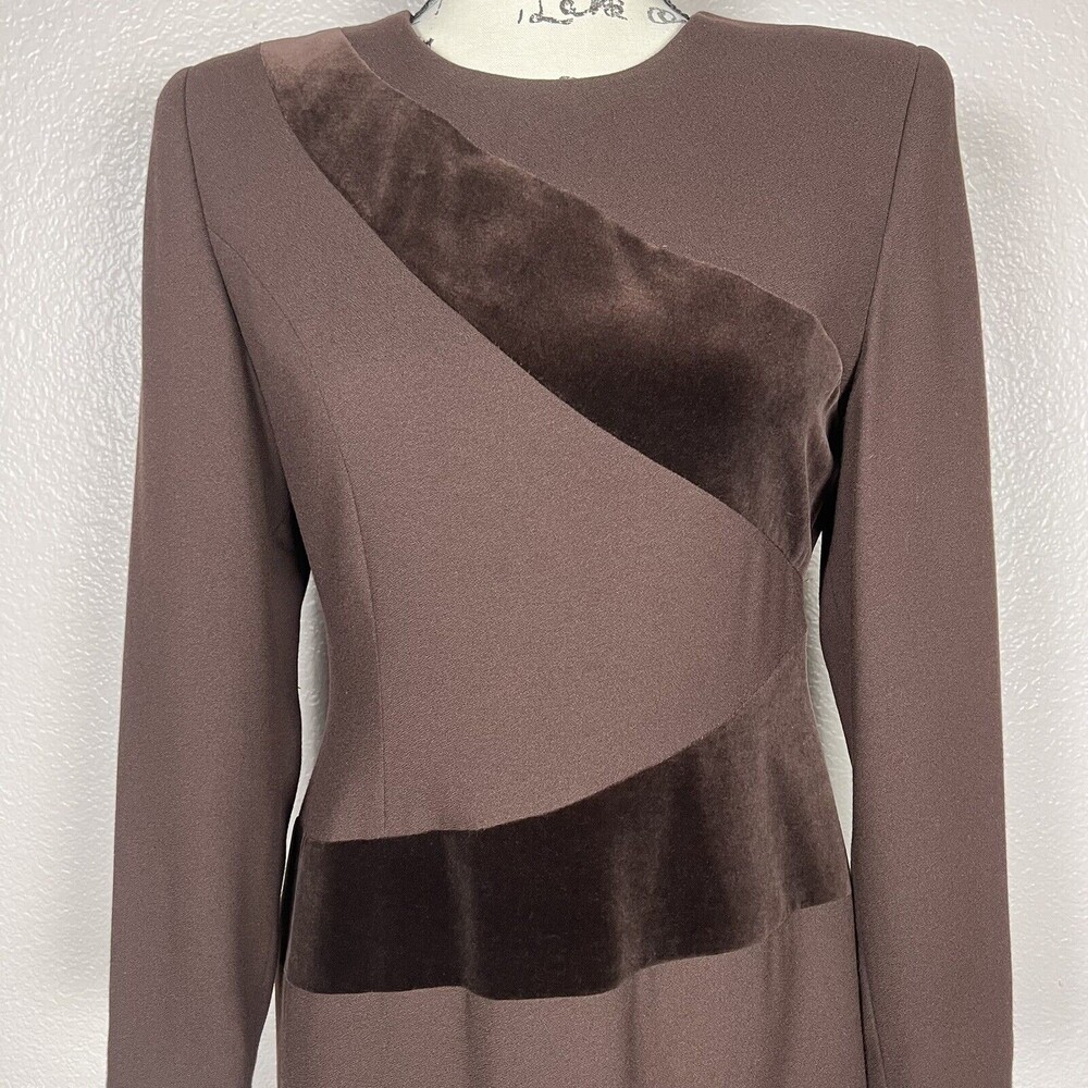 Vintage Kasper ASL Sz 4P Long Sleeve Sheath Midi Dress Brown Velvet Stripes - Picture 4 of 13